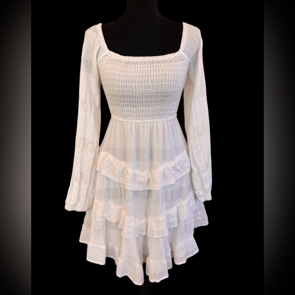 Baevely White Smocked Square Neck Long Sleeve Ruffle Midi Dress (small) - Picture 3 of 5